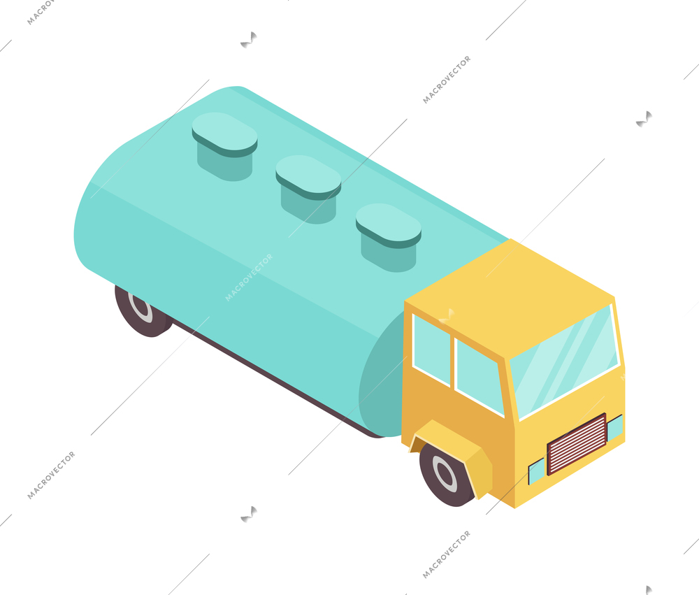 Sweeper street isometric composition with isolated image of truck with water tank vector illustration