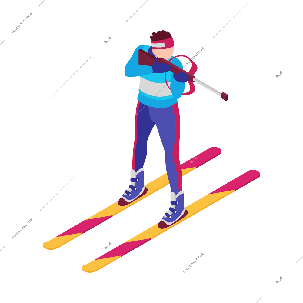 Isometric winter sport composition with human character of biathlonist shooting with rifle vector illustration