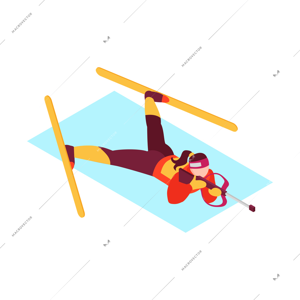 Isometric winter sport composition with character of lying female biathlonist shooting with rifle vector illustration