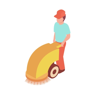 Sweeper street isometric composition with character of male worker operating street cleaning machine vector illustration