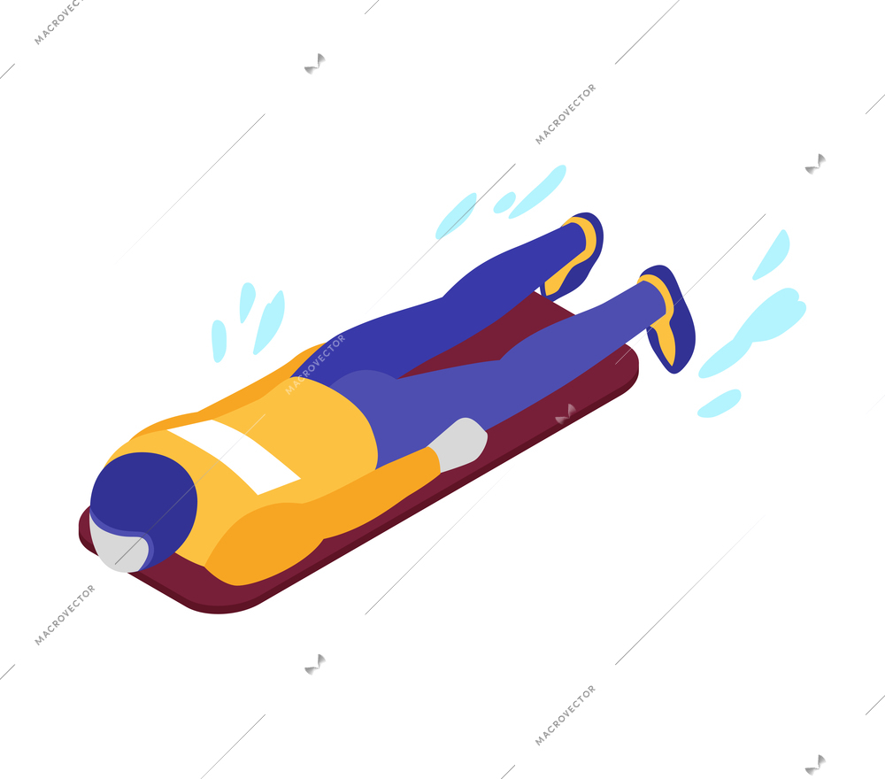 Isometric winter sport composition with human character of skeleton racer on sliding board vector illustration