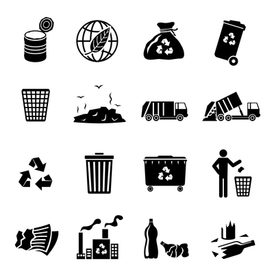 Garbage recycling icons black set of landfill trash truck dump isolated vector illustration