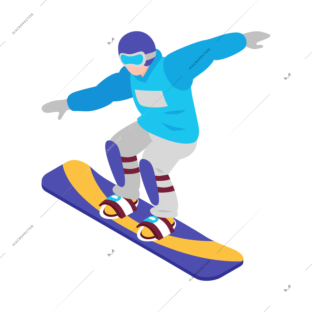 Isometric winter sport composition with human character of extreme sportsman on snowboard vector illustration