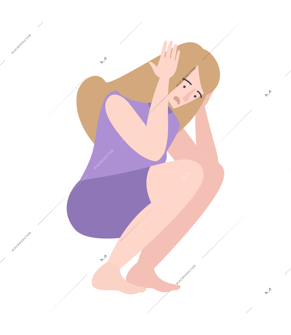 Psychology trauma flat composition with depressed female character clutching head on blank background vector illustration