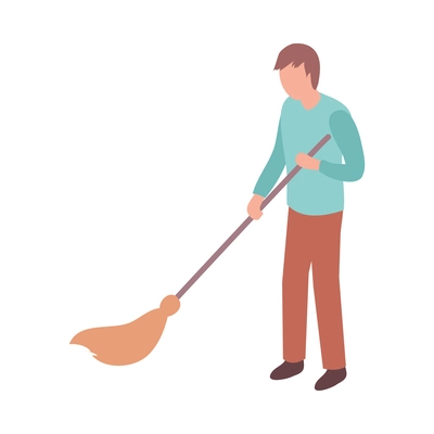 Sweeper street isometric composition with character of male worker with broom vector illustration