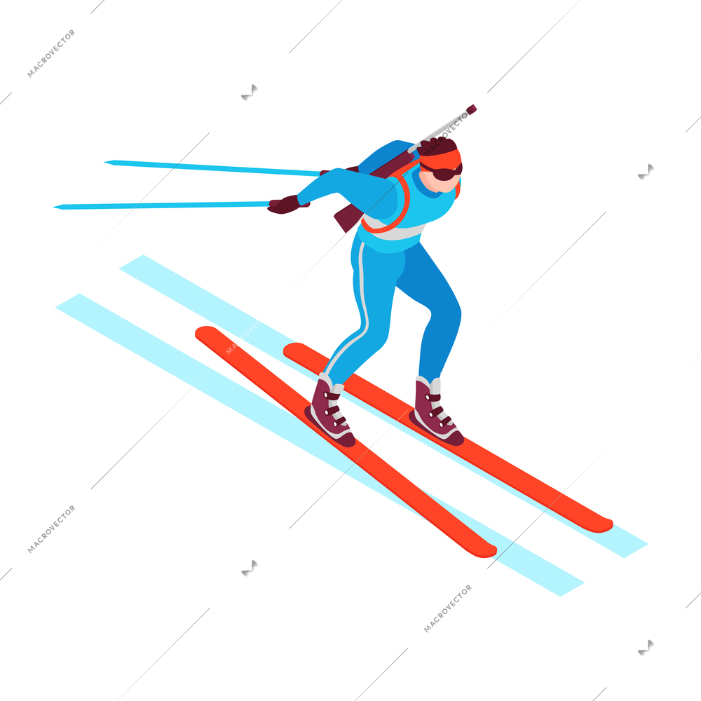 Isometric winter sport composition with human character of biathlonist running on ski vector illustration