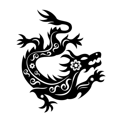 Year animal chinese cutting paper composition with isolated monochrome image of dragon decorated with flowers vector illustration