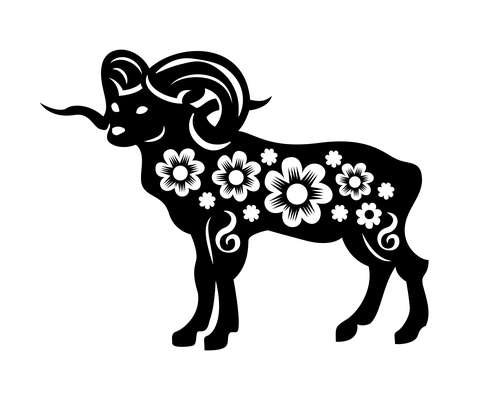 Year animal chinese cutting paper composition with isolated monochrome image of goat decorated with flowers vector illustration