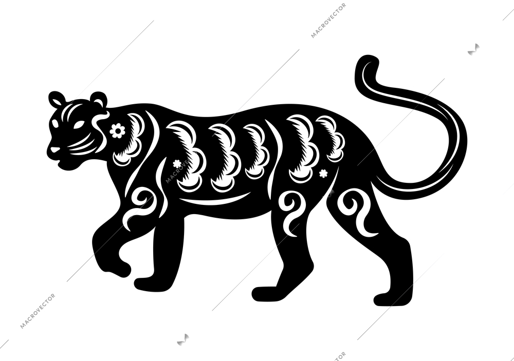 Year animal chinese cutting paper composition with isolated monochrome image of tiger decorated with flowers vector illustration