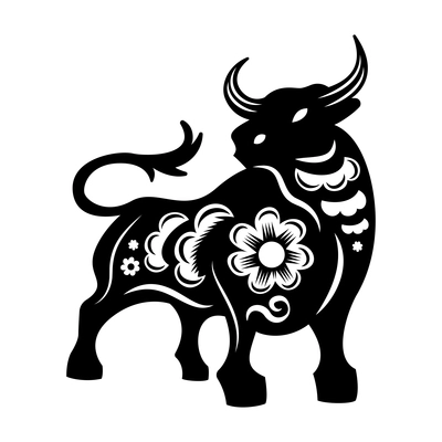 Year animal chinese cutting paper composition with isolated monochrome image of ox decorated with flowers vector illustration