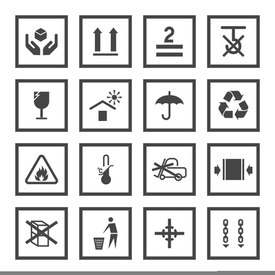 Handling and packing black icons set with fragile warning care symbols vector illustration