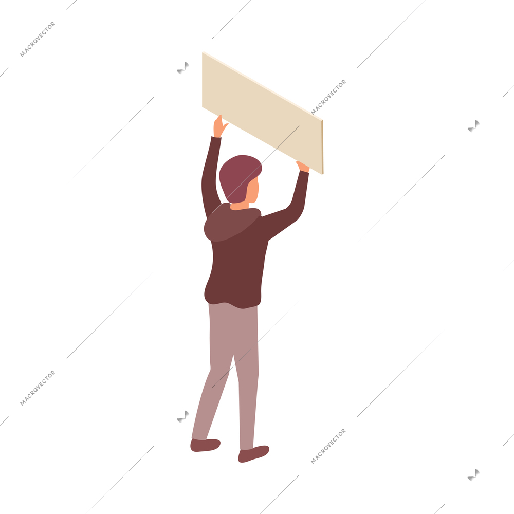 Protest meeting isometric composition with characters of man holding placard vector illustration