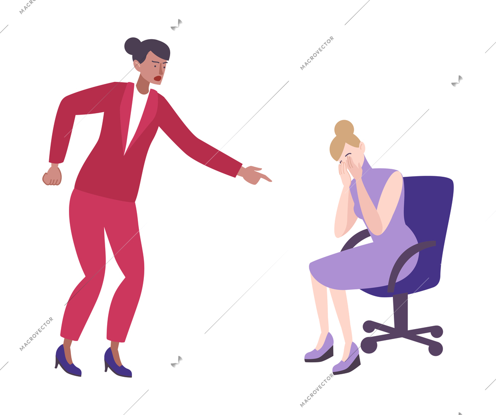 Psychology trauma flat composition with female boss shouting at employee on blank background vector illustration