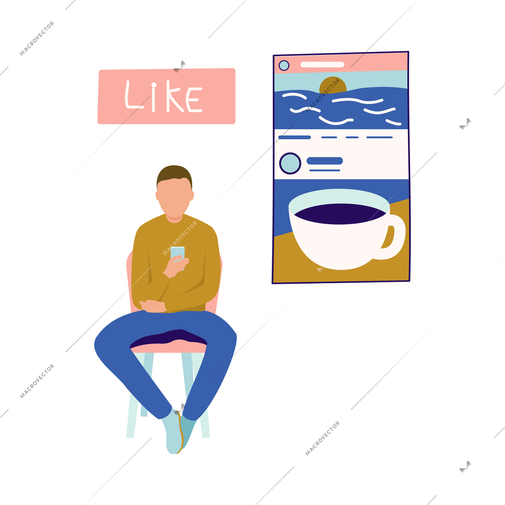 People with gadgets flat composition with male character sitting on chair with smartphone refreshing feed vector illustration