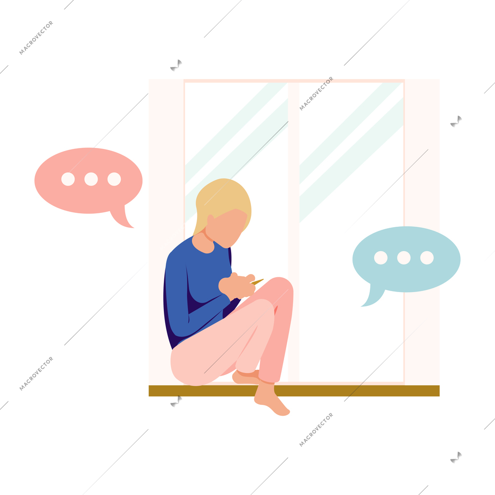 People with gadgets flat composition with character of boy sitting on windowstool with smartphone chat bubbles vector illustration