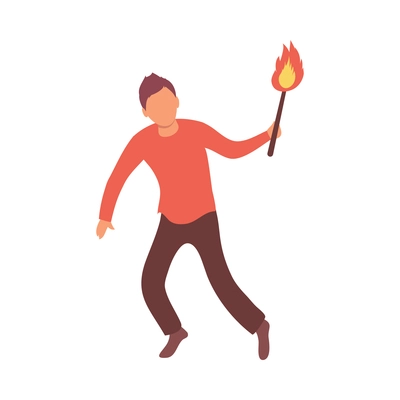Protest meeting isometric composition with characters of protester with burning torch vector illustration