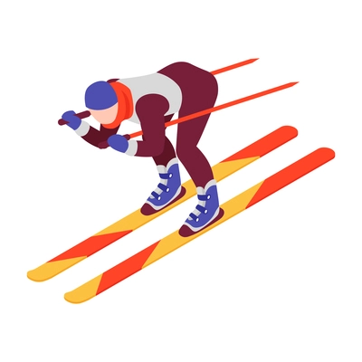 Isometric winter sport composition with human character of skier moving on ski vector illustration