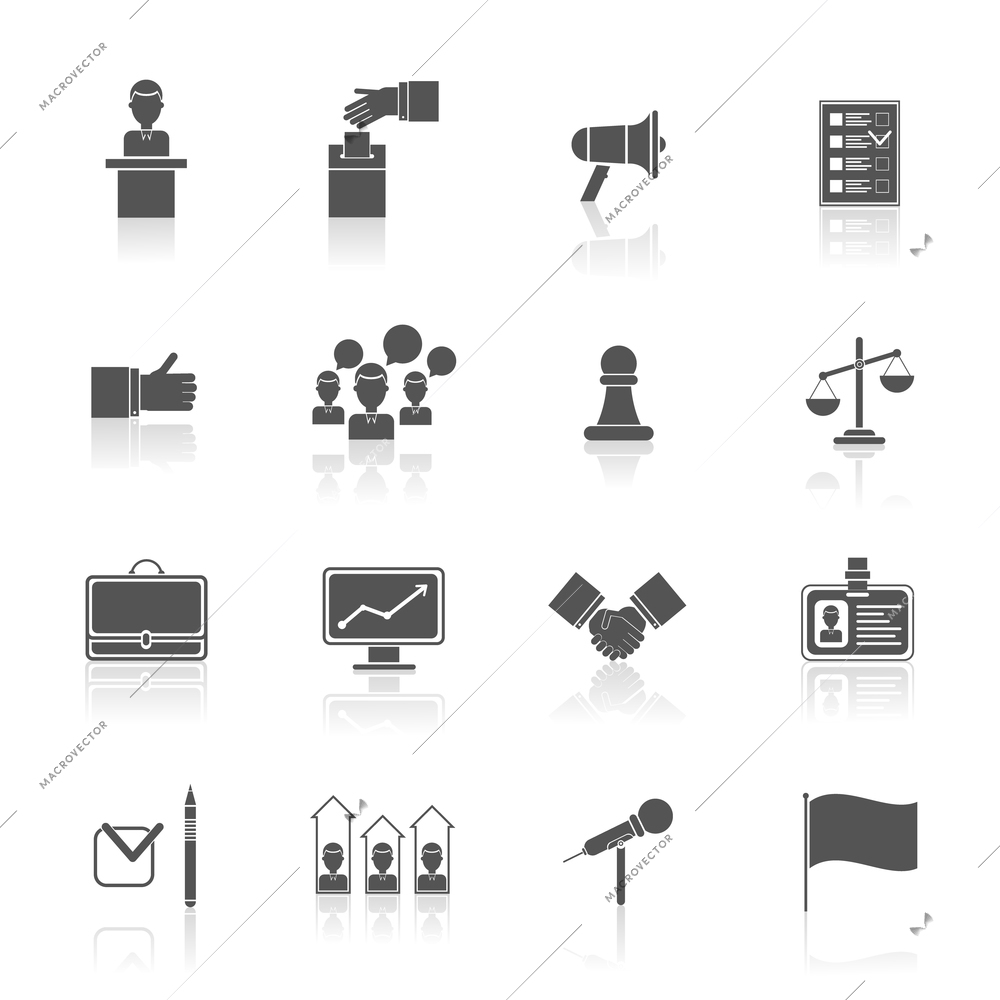 Elections and voting black icons set with rating debate megaphone isolated vector illustration