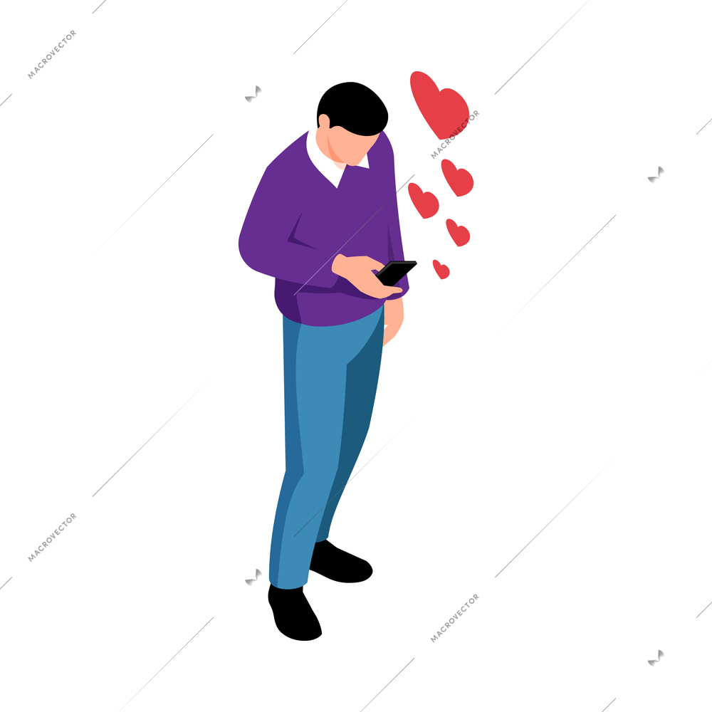 Isometric couple in love composition with male character holding smartphone with red hearts vector illustration