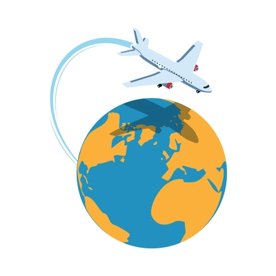 Isometric tourist agency composition with isolated images of earth globe with flying aircraft vector illustration