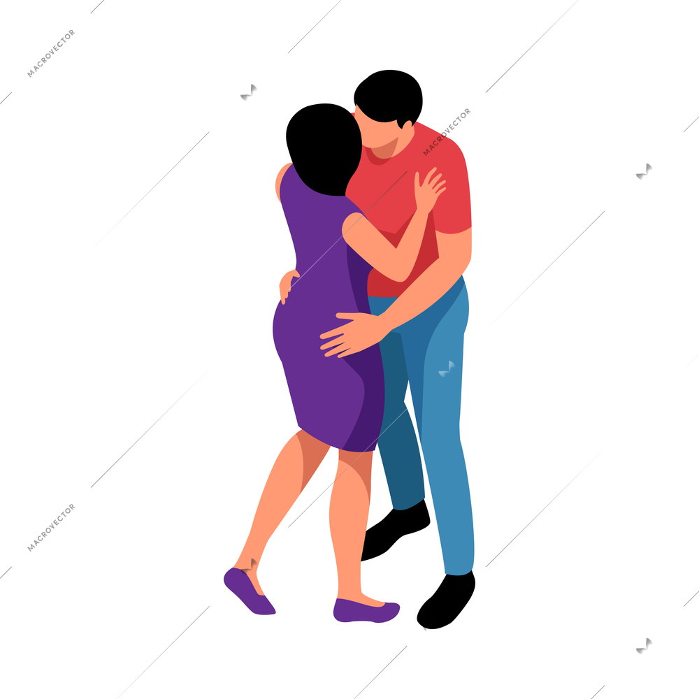 Isometric couple in love composition with characters of loving couple kissing each other vector illustration