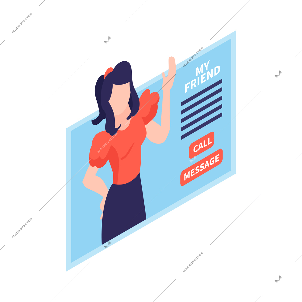 Isometric technologies of future composition with isolated image of screen with girl and call message buttons vector illustration