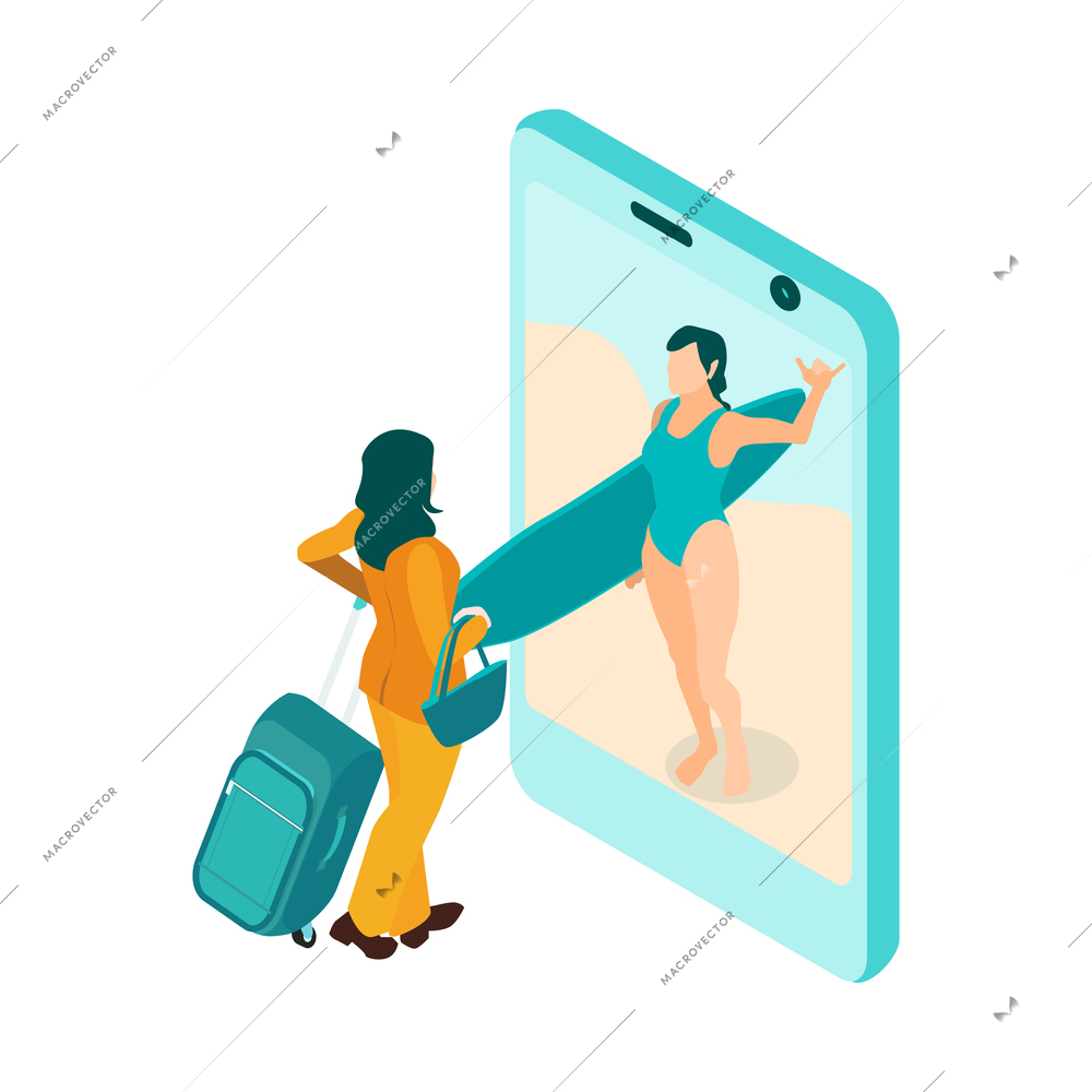 Isometric travel booking transport hotel composition with tourist woman meeting beach surfer in smartphone screen vector illustration