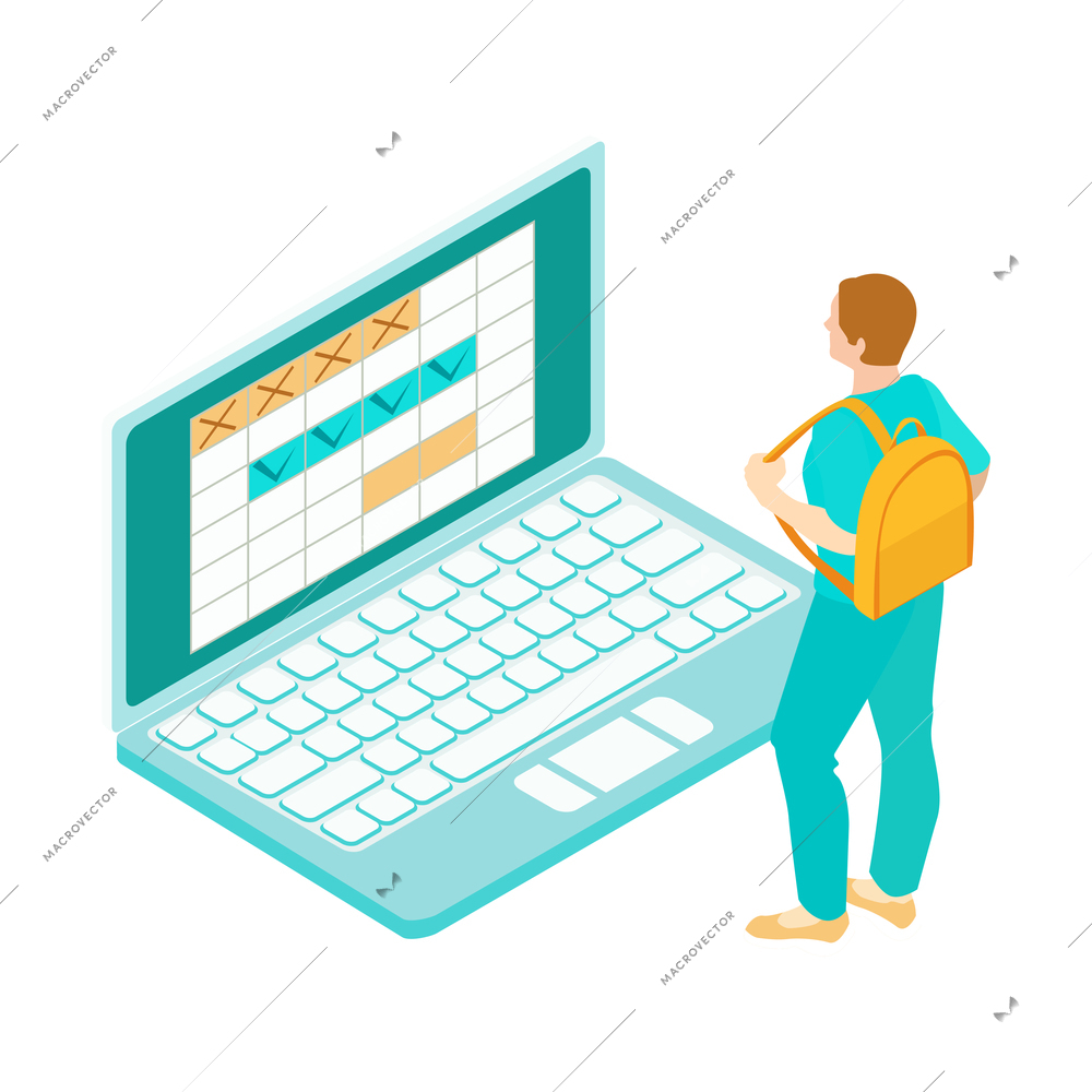 Isometric travel booking transport hotel composition with user laptop and calendar booking app with marks vector illustration