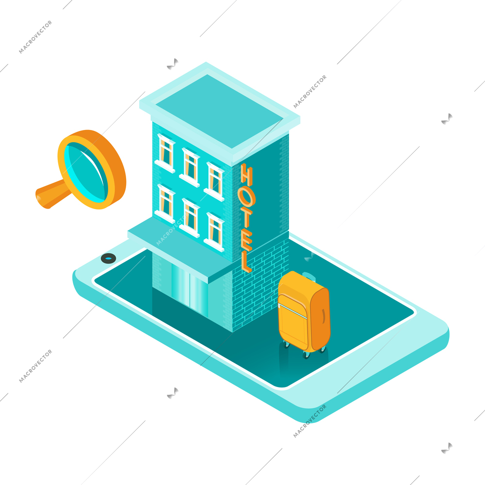 Isometric travel booking transport hotel composition with smartphone magnifying glass and hotel building vector illustration
