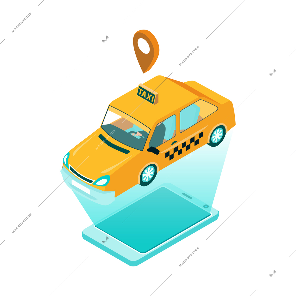 Isometric travel booking transport hotel composition with images of smartphone and taxi cab vector illustration