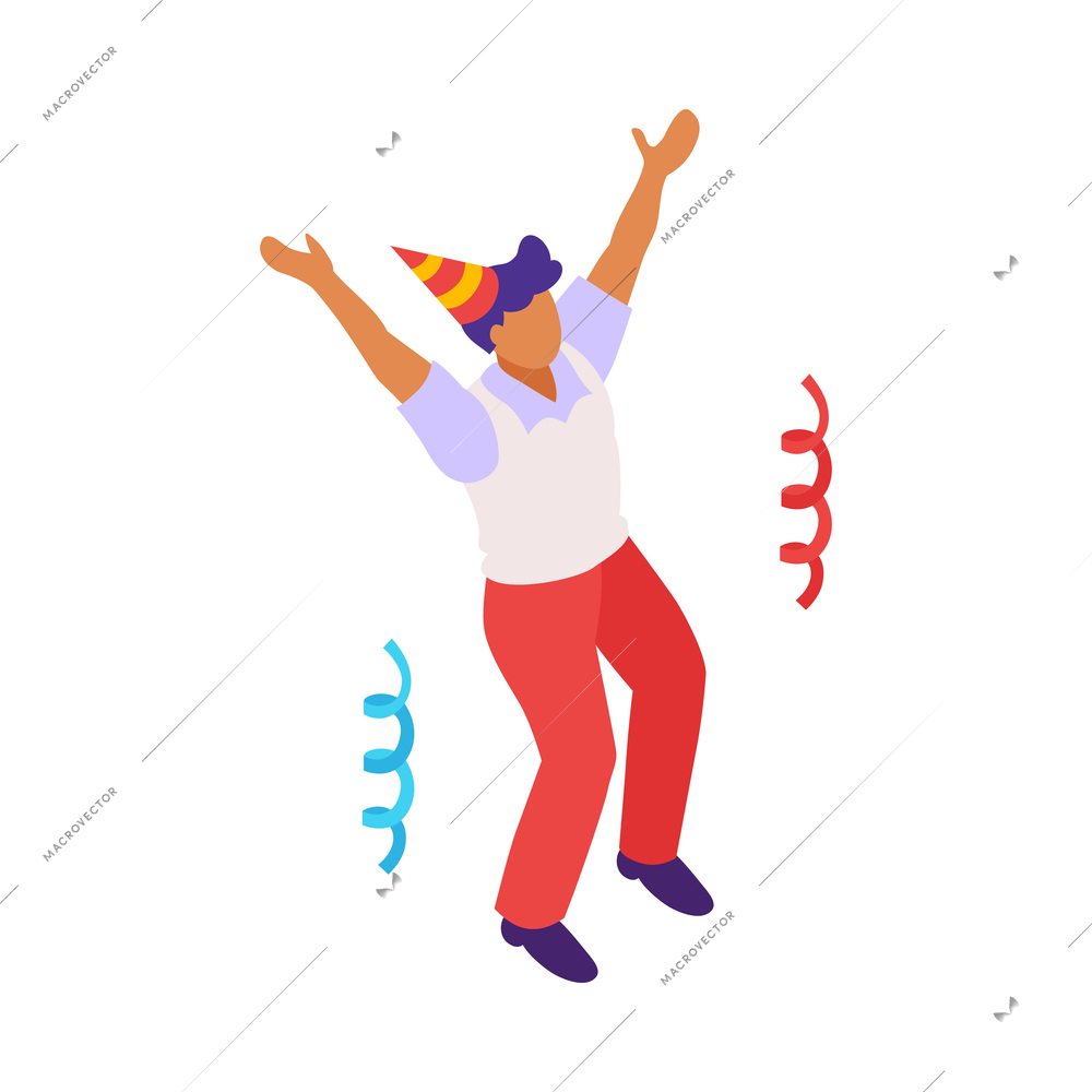 Isometric firework celebrating holiday composition with serpentine and male character in party hat vector illustration