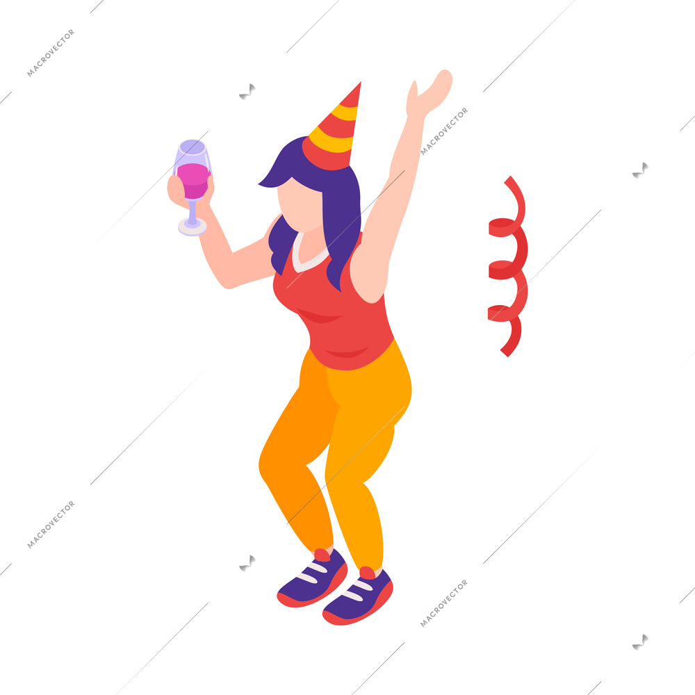 Isometric firework celebrating holiday composition with serpentine and woman in party hat with drink vector illustration