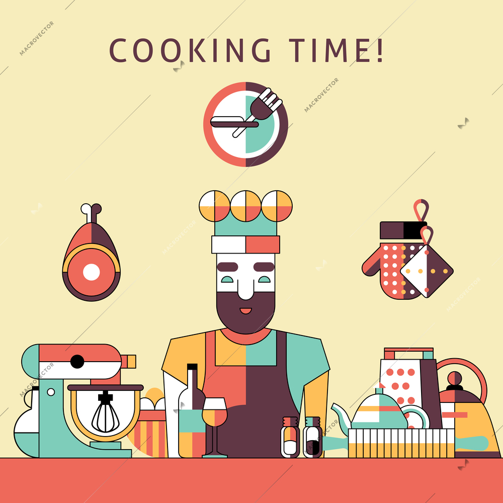 Cooking time poster with happy male chef on kitchen with utensils vector illustration