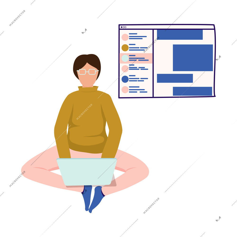 People with gadgets flat composition with female character sitting on floor with laptop messaging app vector illustration