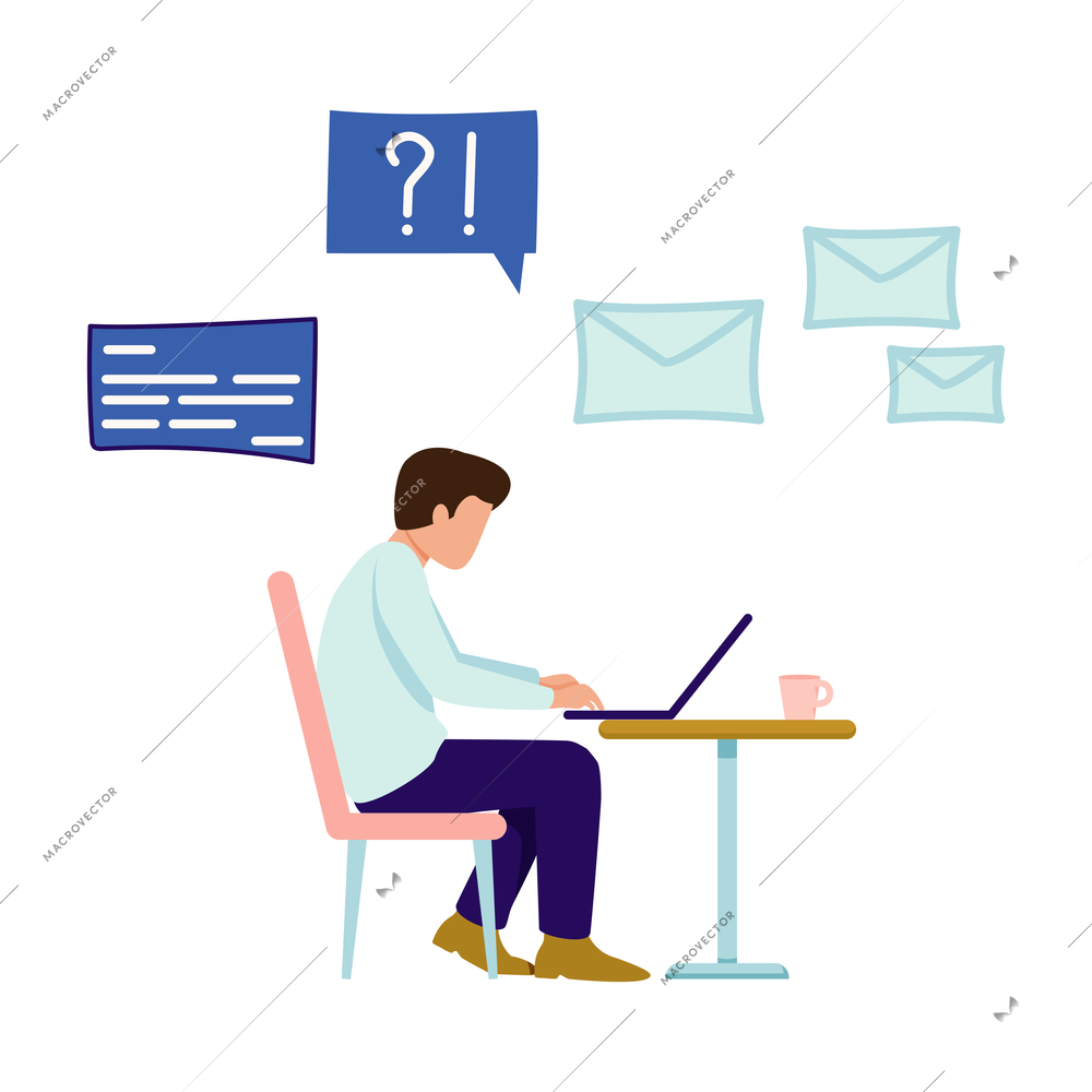 People with gadgets flat composition with male character working at table with laptop letter envelopes vector illustration