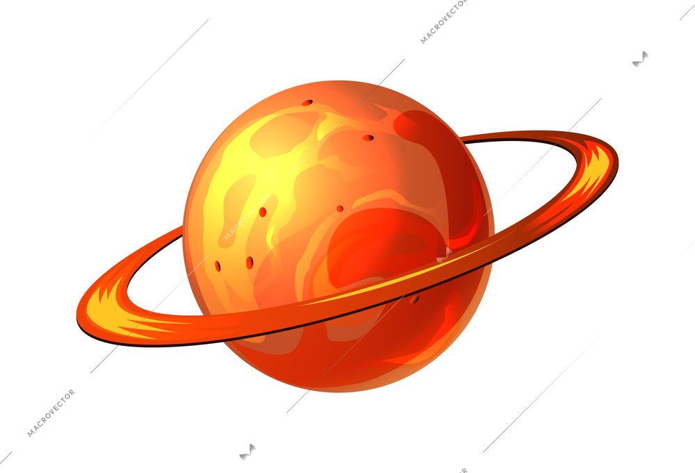 Planets asteroids cartoon composition with isolated image of red saturn planet vector illustration