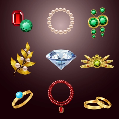 Jewelry realistic icons set of diamond gold fashion expensive accessories isolated vector illustration