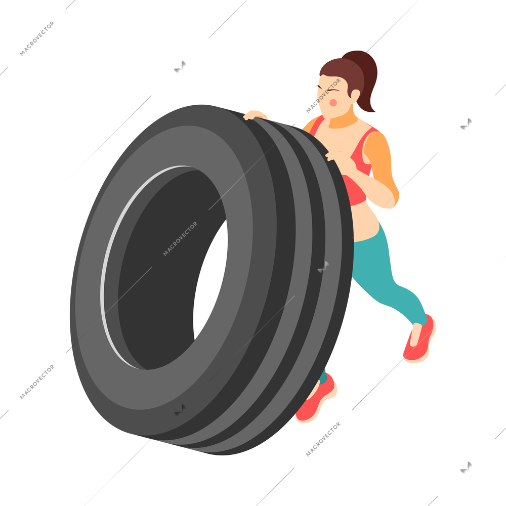 Crossfit workout isometric composition with character of female athlete performing exercise vector illustration