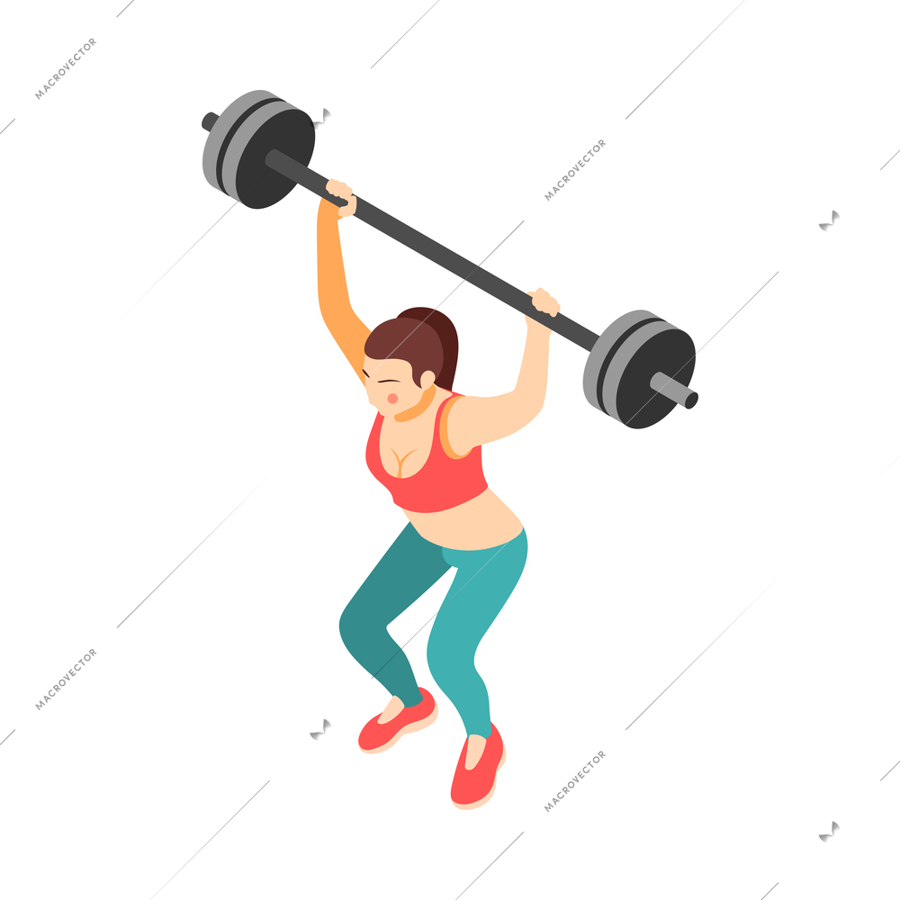 Crossfit workout isometric composition with character of female athlete performing exercise vector illustration