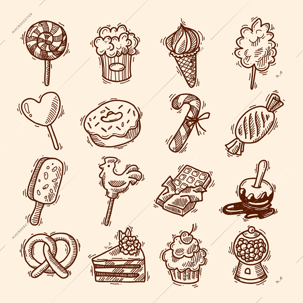 Sweets sketch icons set with candies chocolate ice cream isolated vector illustration