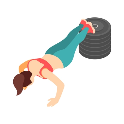 Crossfit workout isometric composition with character of female athlete performing exercise vector illustration