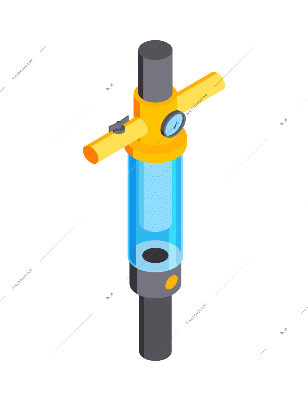 Isometric water purification technology composition with isolated image of water filter on tube vector illustration