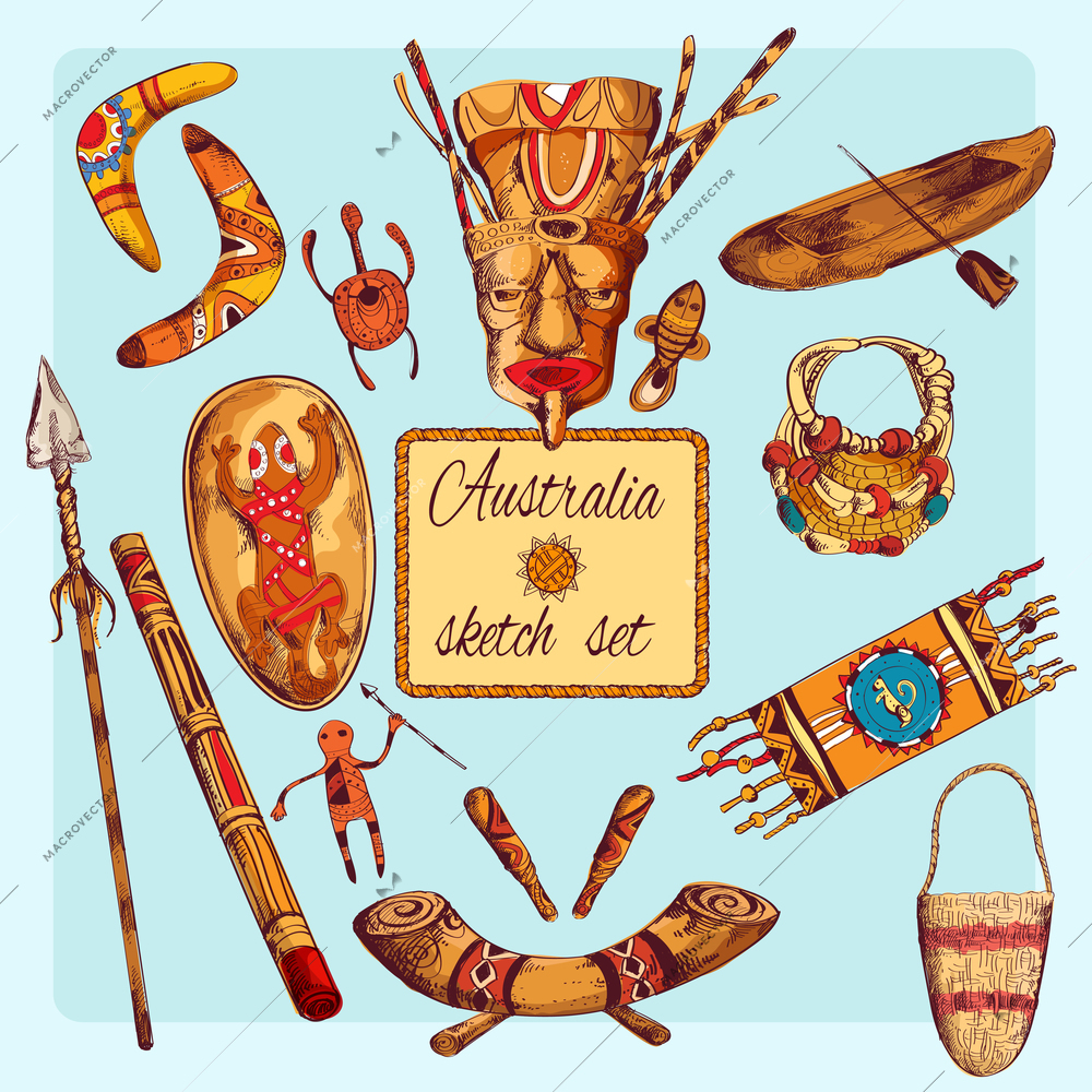 Australia native aboriginals colored sketch decorative icons set isolated vector illustration