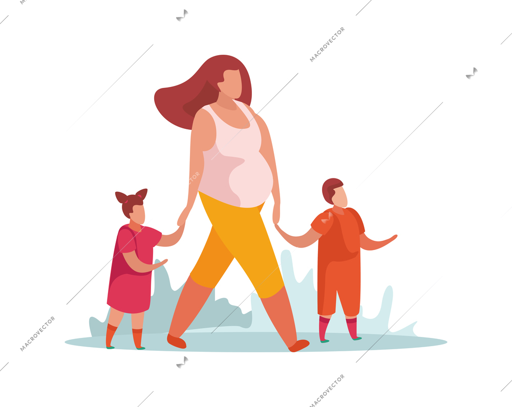 Advanced motherhood flat composition with characters of pregnant mother with two teenage kids vector illustration