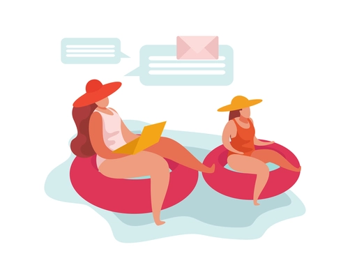 Advanced motherhood flat composition with characters of mother and daughter floating on tubes vector illustration