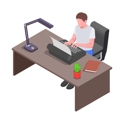 Creative people professions artist isometric composition with male writer at table with typewriter vector illustration