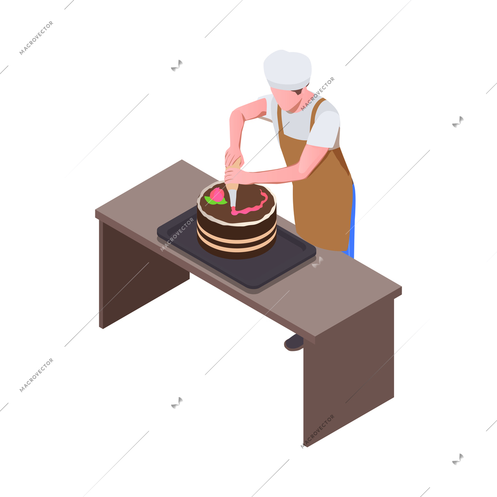 Creative people professions artist isometric composition with character of cook decorating cake vector illustration