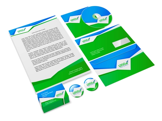 Green and blue abstract business company style stationery sample for corporate identity isolated vector illustration