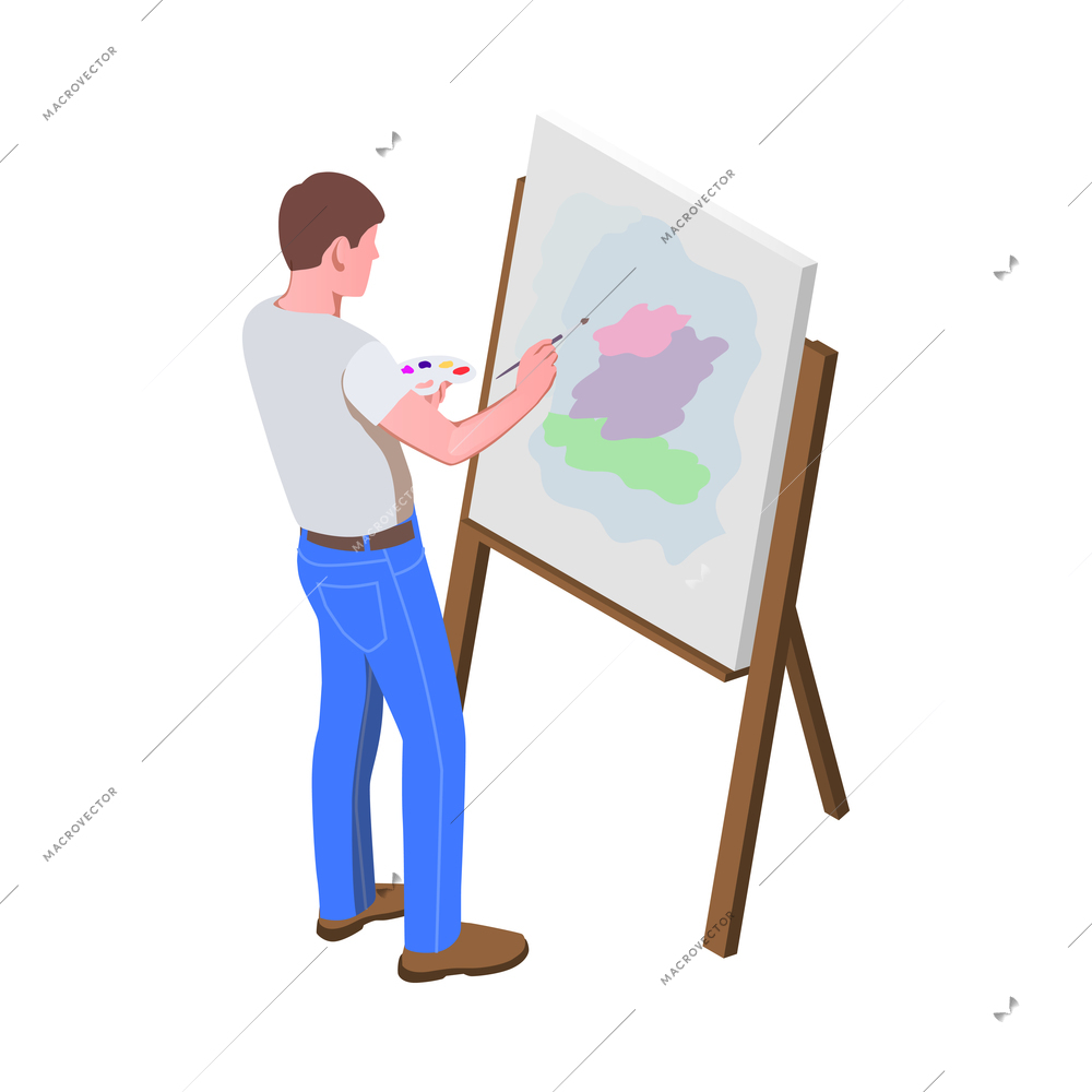 Creative people professions artist isometric composition with male painter drawing picture on easel vector illustration