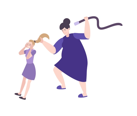 Psychology trauma flat composition with mother beating her daughter with belt on blank background vector illustration